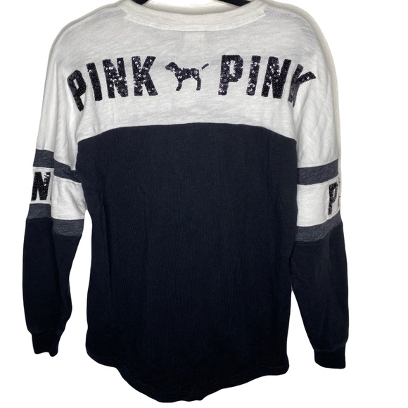 Victorias Secret PINK Bling Sequin Pure Black Triumph White Lace Up Varsity Crew - Picture 5 of 14